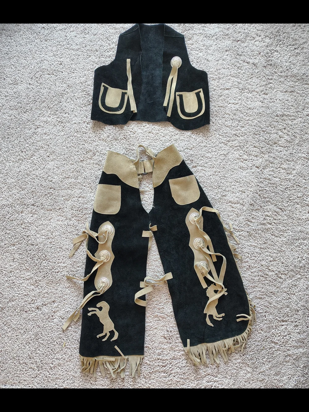 Toug-Kids Leather Suede Western Chaps & Vest Set Rearing Horse Fringe, Sz L